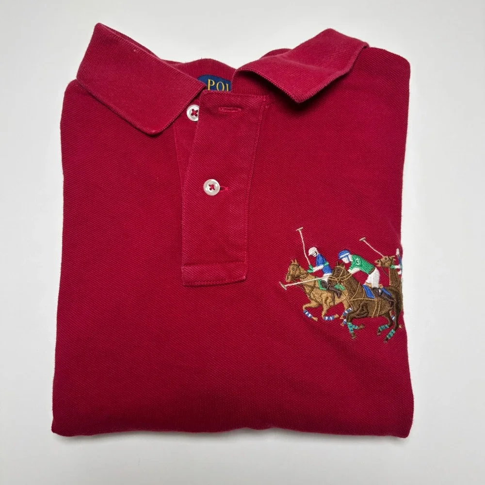 Polo Ralph Lauren Triple Pony Polo Shirt Red Mens M Classic Fit Long‎ Sleeve
